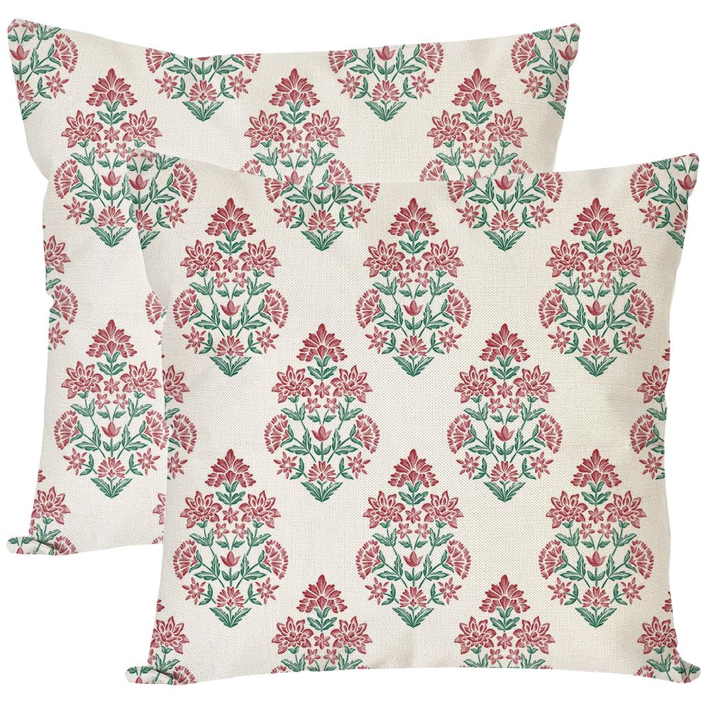 Photo 1 of ** 2 pack ***PANDICORN Block Print Throw Pillow Covers 18x18 Inch Set of 2 Vintage Green and Red Floral Boho Outdoor Fall Farmhouse Decorations Decorative Throw Pillows Cases for Home Living Room Couch Sofa Decor