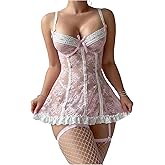 SHENHE Women's Lace Lingerie Babydoll Garter Lingerie Dress Chemise with Thong and Stockings