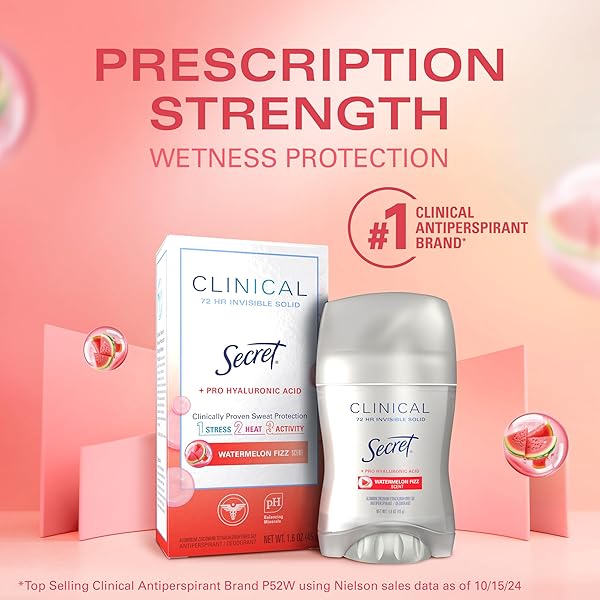 SECRET CLINICAL STRENGTH ANTIPERSPIRANT DEODORANT FOR WOMEN, 3X STRESS PROTECTION, 72HR SWEAT & ODOR PROTECTION, PRO-HYALURONIC ACID, INVISIBLE SOLID, WATERMELON SUMMER FIZZ SCENT, 1.6 OZ