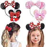 2Pcs Shiny Mouse Ears Headband an2Pcs Sequin Mouse Ears Velvet Scrunchies with Bow Hairs Accessories for Girls Women Adult Ki