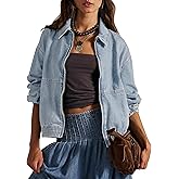 Bell Princess Womens Denim Jackets Long Sleeve Zip Up Elastic Hem Classic Loose Jean Bomber Jacket Outfit