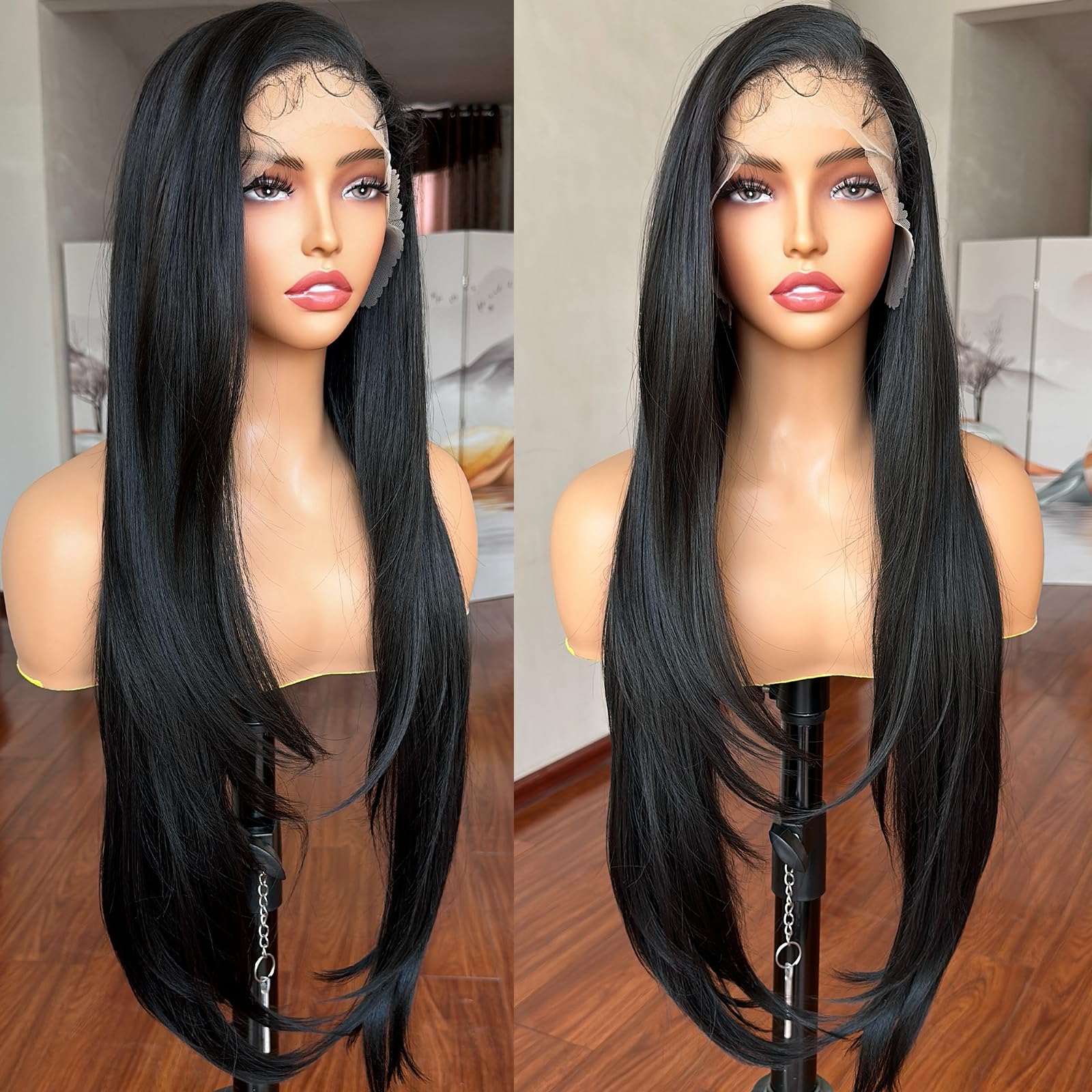 Photo 1 of 13x6 Lace Front Wigs Black Wig Pre-layered Fashion Style HD Lace Free Part Frontal Wig Natural Density Long Straight with Wavy End Pre Plucked Tiny Knots with Baby Hair 30 Inch Synthetic Lace Wig