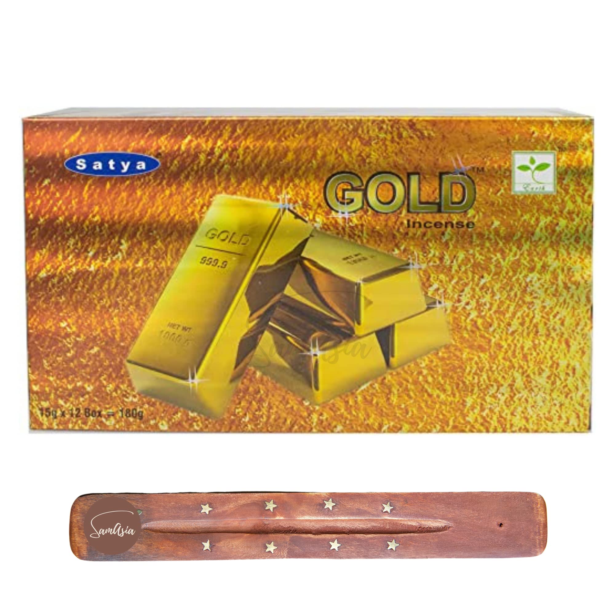 Satya Nag Champa Gold Incense Sticks | x12 pack | with SAMASIA incense sticks holder | Used for Goomatherapy, Spa, Yoga, Weddings, Meditation, Healing, Positivity and Relaxation