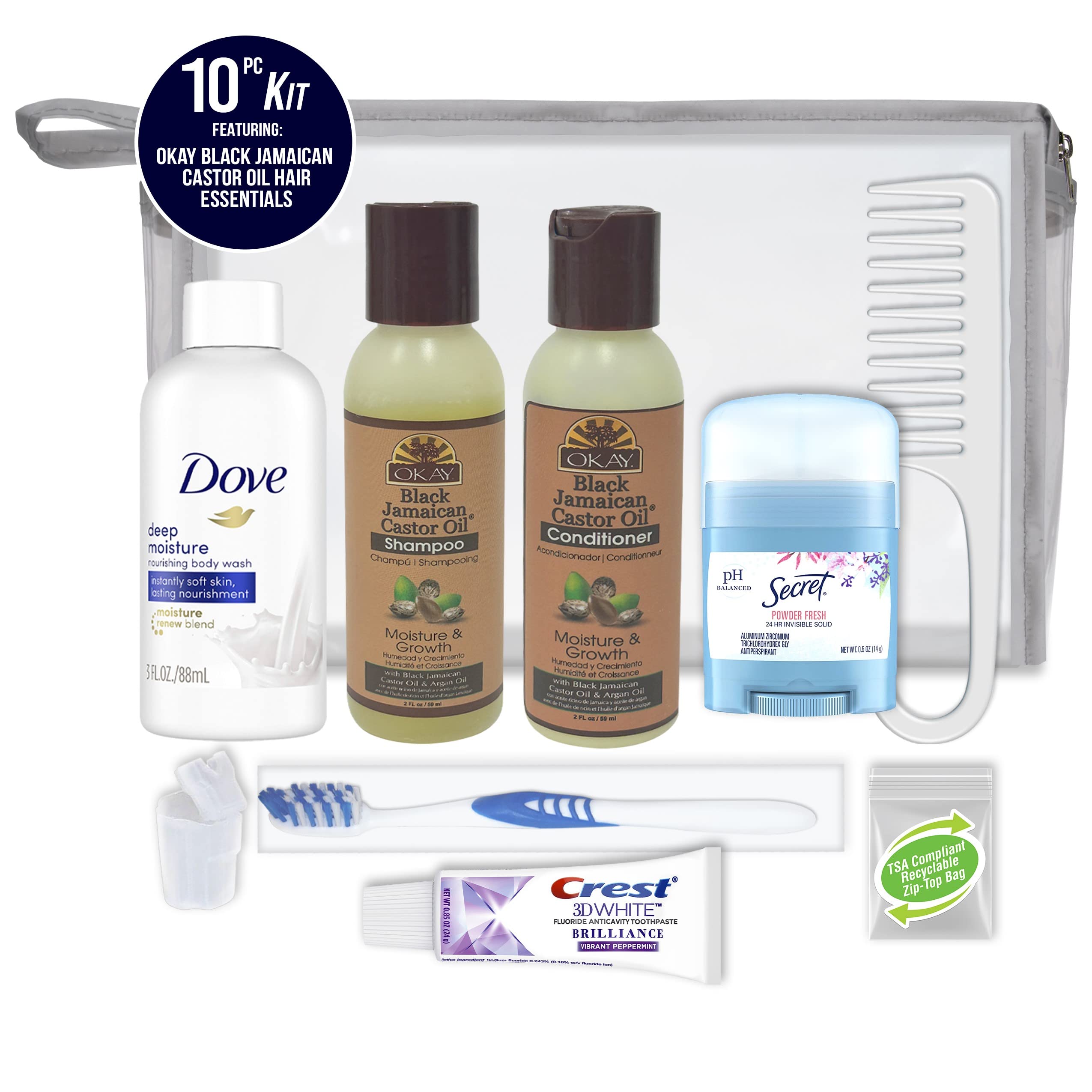 Convenience Kits International Women’s Deluxe 10 PC Kit Featuring: OKAY Black Jamaican Castor Oil Hair, Body, Oral Care, Travel-Size Travel Essentials