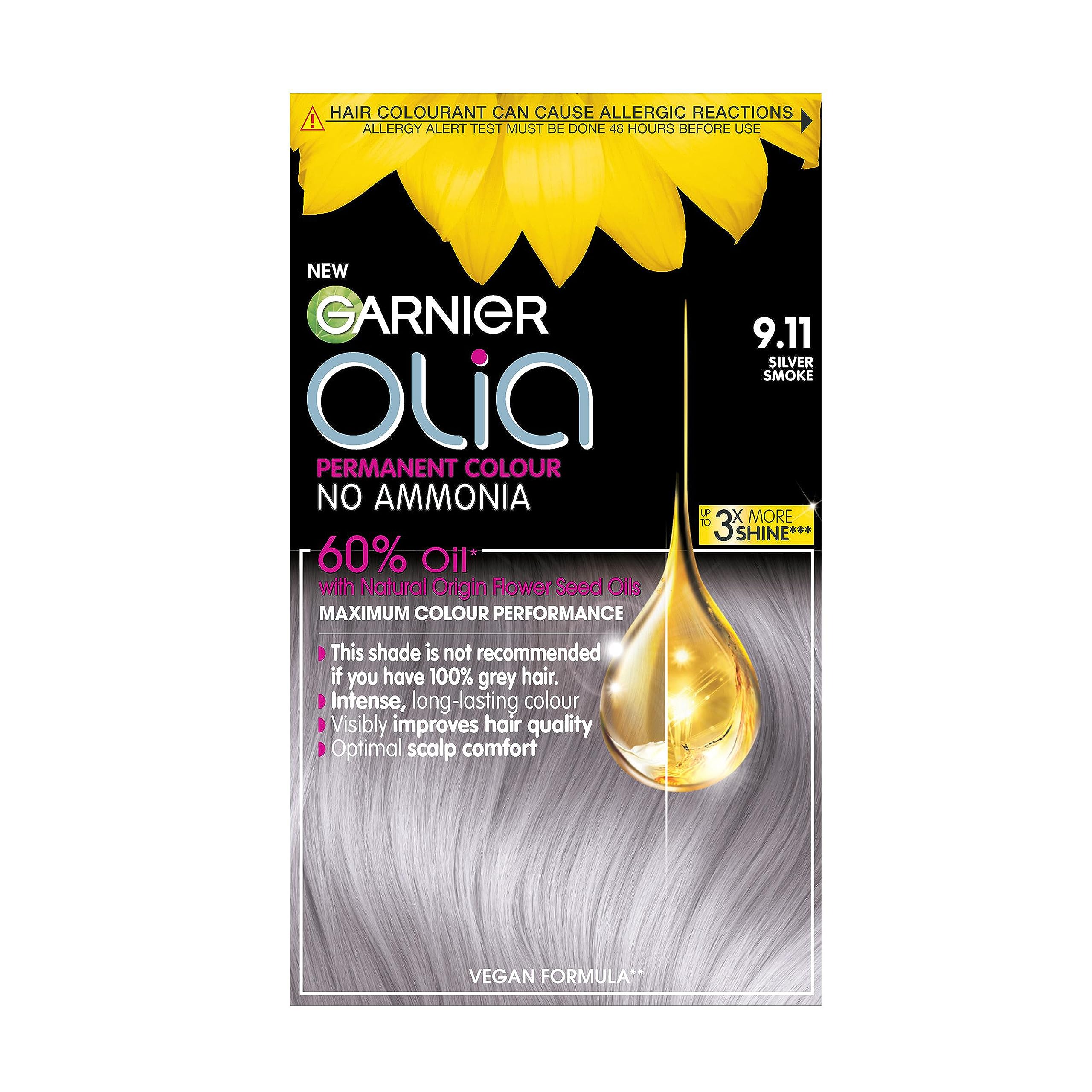 Garnier Olia Permanent Hair Dye, No Ammonia, Full Grey Coverage, Long-lasting Colour & Shine, Vegan Formula, Colour: 9.11 Silver Smoke, 230g
