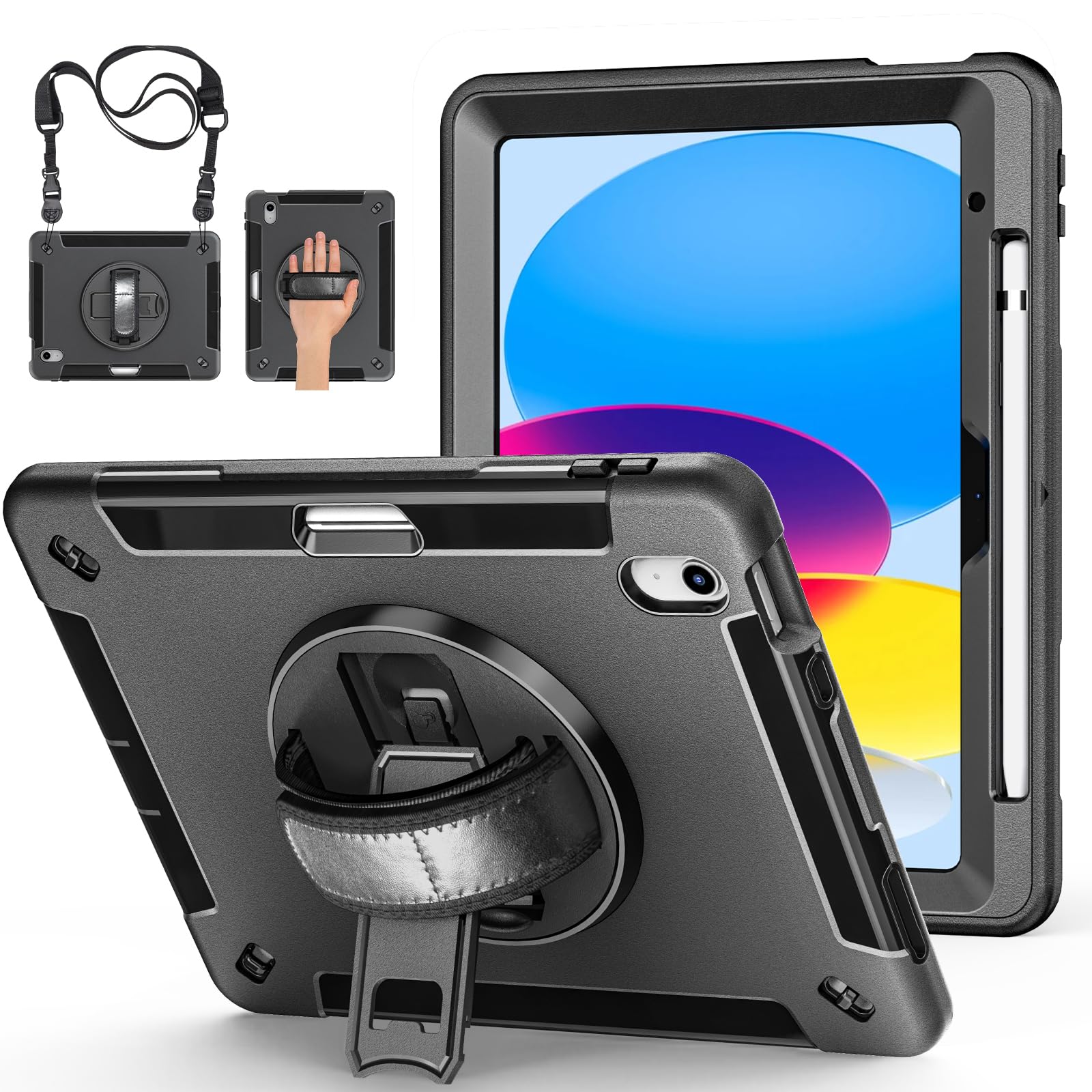 Miesherk Case for iPad A16 11th/10th Generation 2025/2022 11/10.9 inch:Military Grade 3-Layer Full Body Protective Shockproof Cover-Screen Protector-Pen Holder-Rotating Stand-Hand/Shoulder Strap-Black