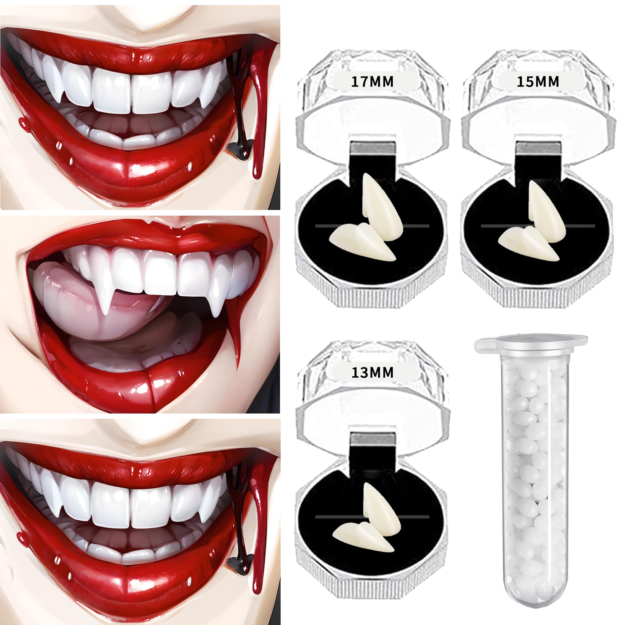Photo 1 of UOUYOO Vampire Teeth Fake Fangs for Cosplay Party Props Halloween Party Fangs Favors White Horror False Teeth Favors Masquerade Accessories Gift, 17mm, 15mm, 13mm