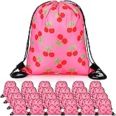 Sunnymove 24 Pcs Pink Cherry Drawstring Bags 12 x 10 Inch Cherry Themed Party Favor Gifts Goodie Treat Candy Bags Supplies for Girls Birthday Party