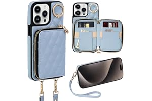 Keallce Case for iPhone 15 Pro Max 6.7'' Wallet Case, Crossbody Zipper Purse Handbag Wristlet for Women, RFID Blocking Card Holders, 360° Ring Kickstand Flip Leather Cover for iPhone 15 Pro Max, Blue