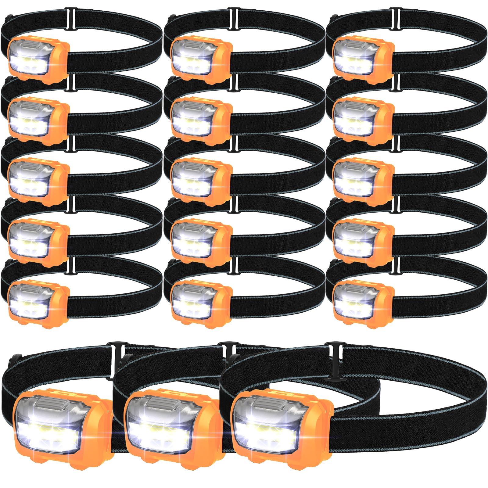 Photo 1 of Macarrie 18 Pack LED Headlamps IPX4 Waterproof 3 Modes Headlamp Flashlight Bright Head Lights Camping Accessories for Adults Kids Hiking, Running, Repairing, Fishing, Batteries Not Included(Orange)