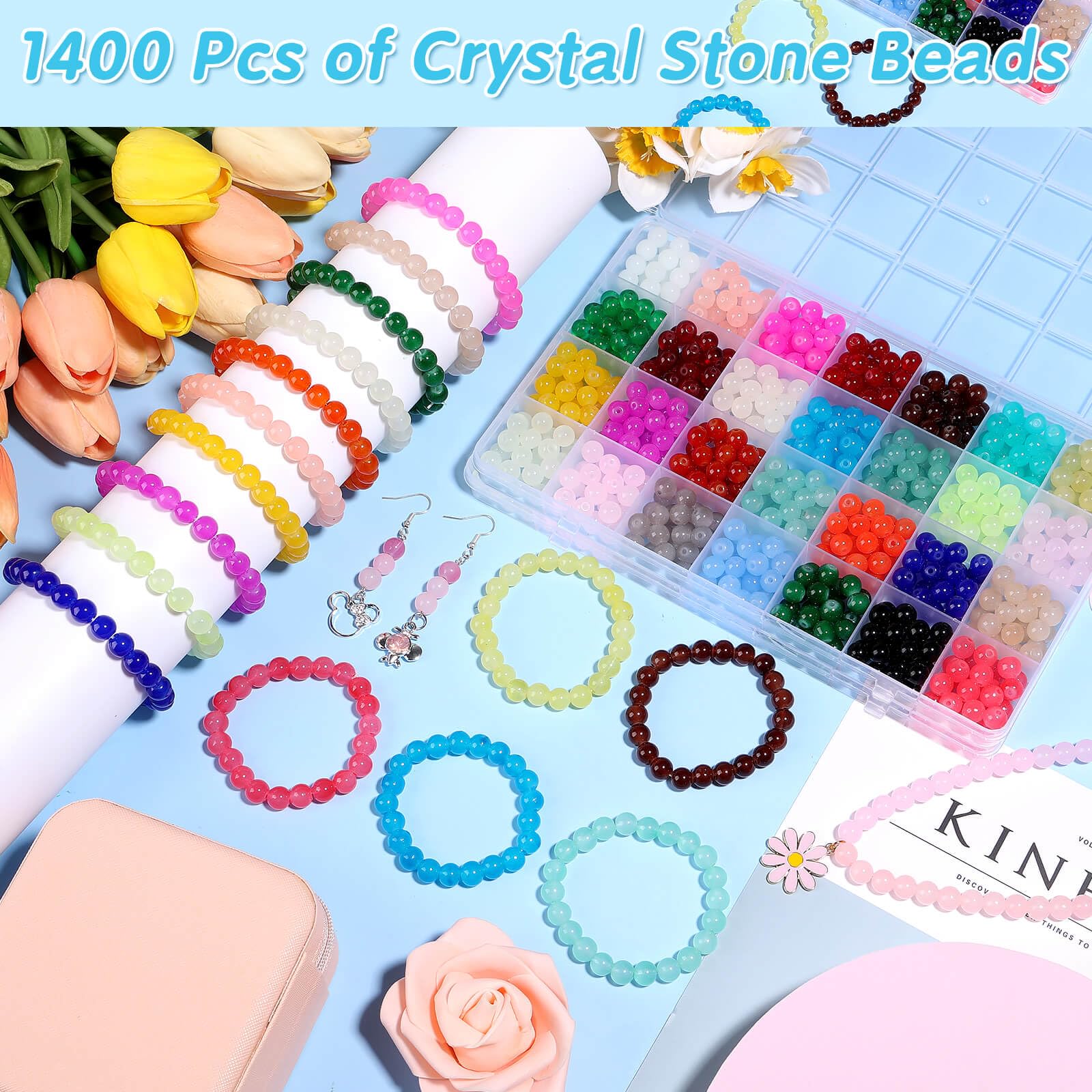 1400 Piecess 8mm Round Glass Beads for Jewelry Making, 28 Colors Crystal Beads for Bracelets Jewelry Making and DIY Crafts