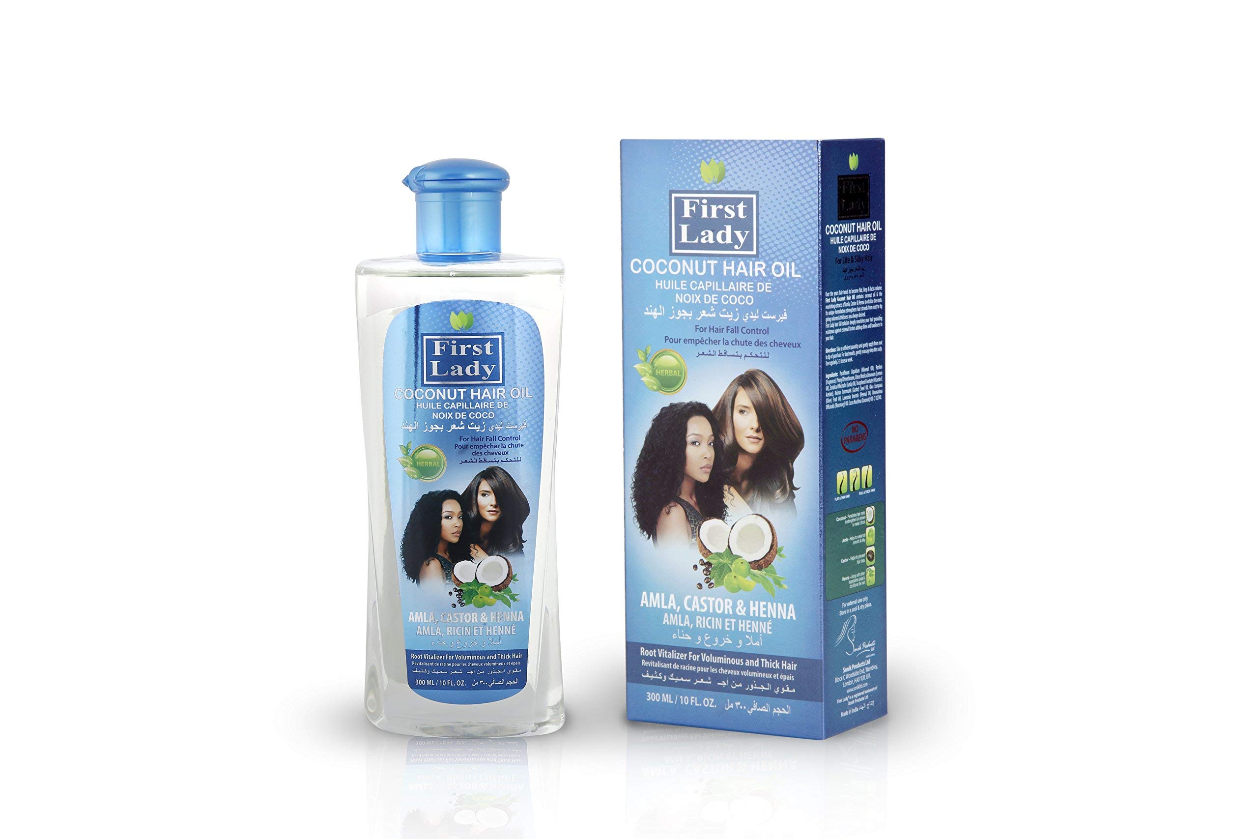 First Lady Herbal (Ayurvedic) COCONUT Hair Oil 300ml – For Hair Fall Control – With Amla, Castor & Henna - For Afro Asian European Hair Types