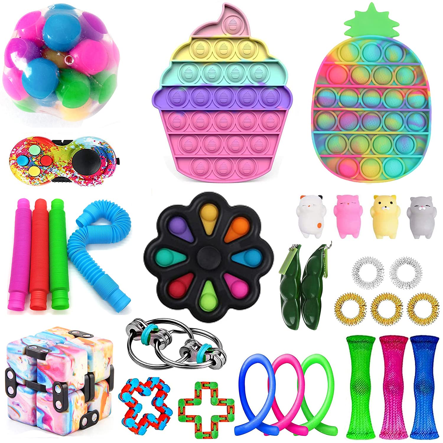 Bowiln 30pcs Fidget Packs Anti-Anxiety Tools, Push Pop-On-It Sensory Fidget Toy Pack with Marble Mesh Anxiety Tube Fidget Block Set Figetget Stress Relief Toys for Adults Kids (Fidget Packs 18)