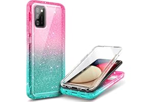 NZND Case for Samsung Galaxy A03S with [Built-in Screen Protector], Full-Body Protective Shockproof Rugged Bumper Cover, Impact Resist Phone Case (Glitter Pink/Aqua)