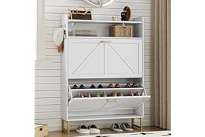 BORNOON Shoe Cabinet with 2 Flip Drawers Narrow Shoe Storage Cabinet Organizer Wooden Freestanding Shoe Rack Hidden Slim Shoes Storage Cabinet for Entryway, Hallway, Living Room, Bedroom (WhiteN)