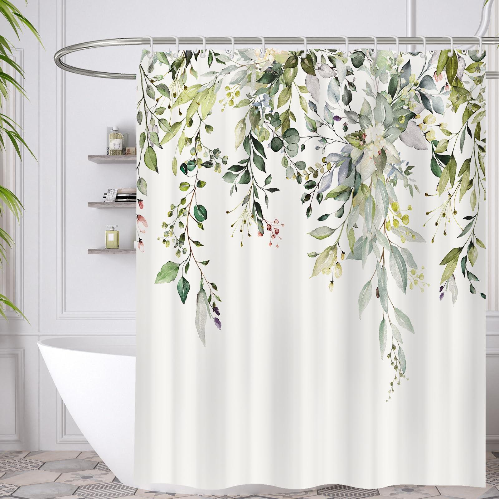 Minicoco Shower Curtain Green Shower Curtains Mould Proof Resistant Waterproof Shower Curtain 100% Polyester Bathroom Shower Curtains with 12 Hooks, 180 x 180 cm (Green Leaves) — image 1