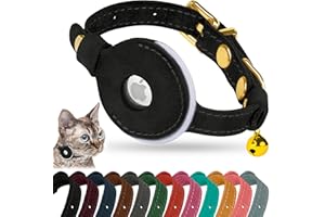 OOPSDOGGY Reflective Leather AirTag Cat Collar with Bell - Non Breakaway Adjustable Pet Collar with Apple Air Tag Holder - Lightweight GPS Kitten Collars for Small Dogs Puppy (Black)