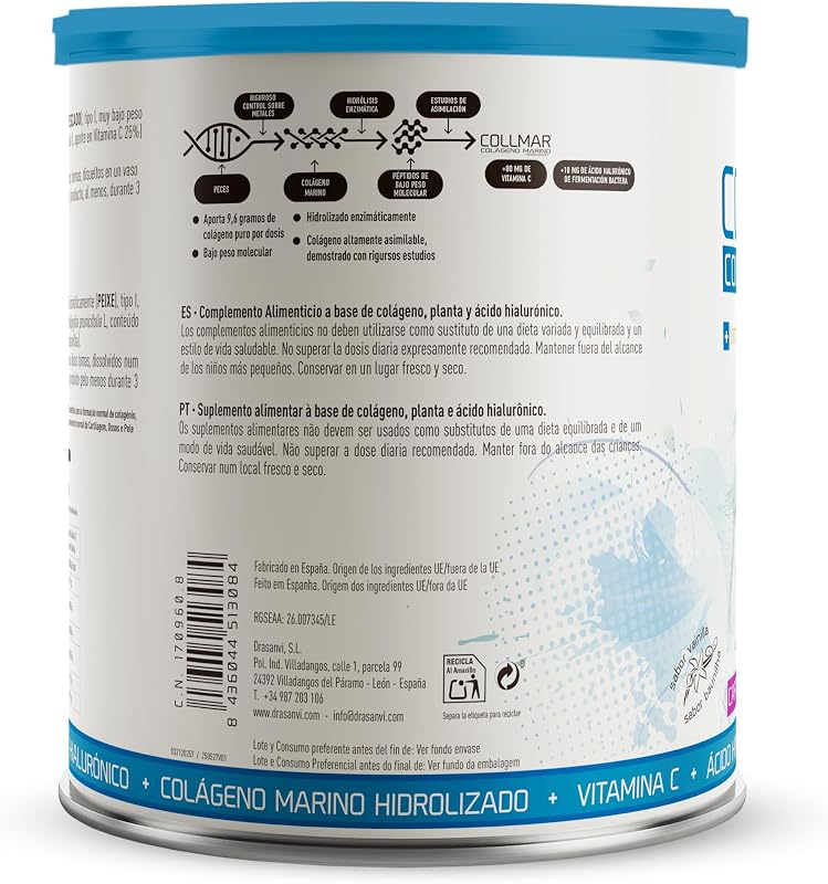 COLLMAR Colagénio Marinho Hidrolisado com Ácido Hialurónico, Vitamina C | Sem adoçantes | Assimilação máxima 9.660 mg/dia | 275g de pó | Sabor a baunilha