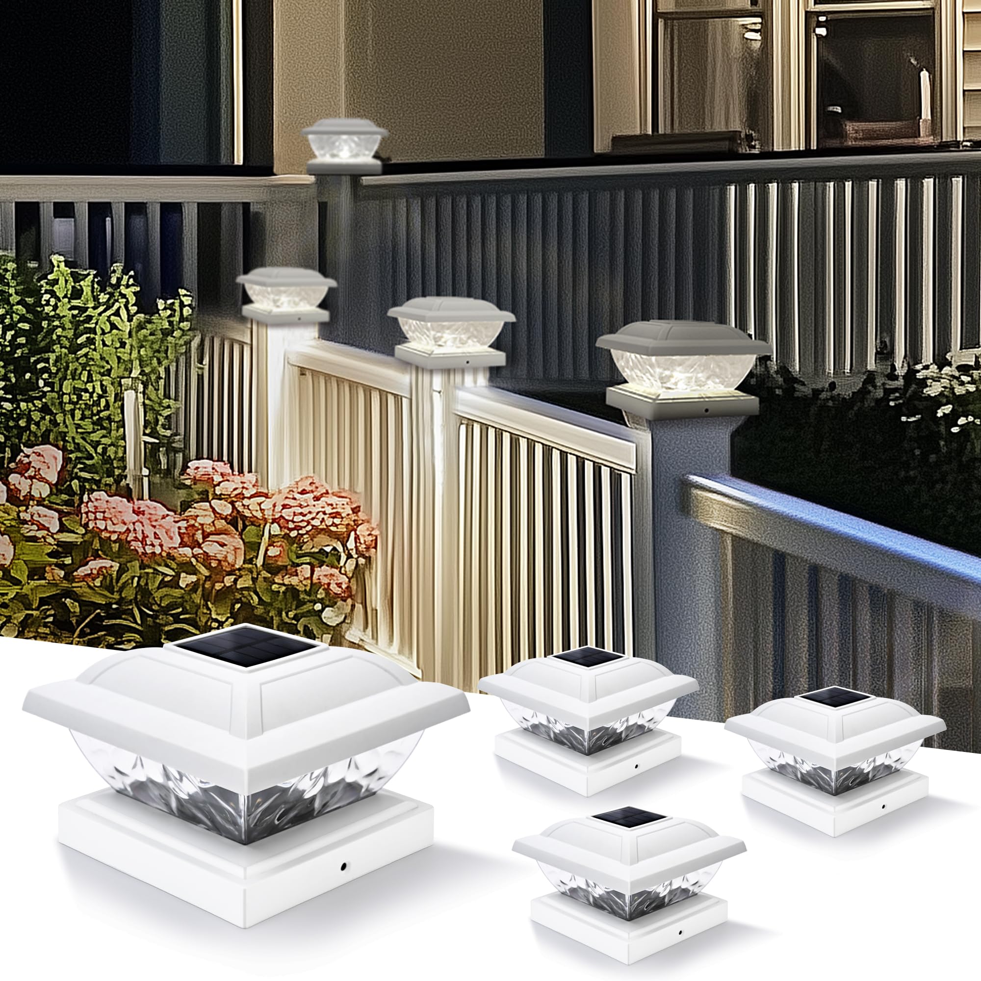 Solpex Solar Post Lights, Solar Powered Fence Post Lights, IP65 Waterproof Led Garden Light, Cap for 5×5 4×4 3.5×3.5 inch/ 13×13 10×10 9×9 cm Patio Fence Deck Wooden Posts (4 Pack)