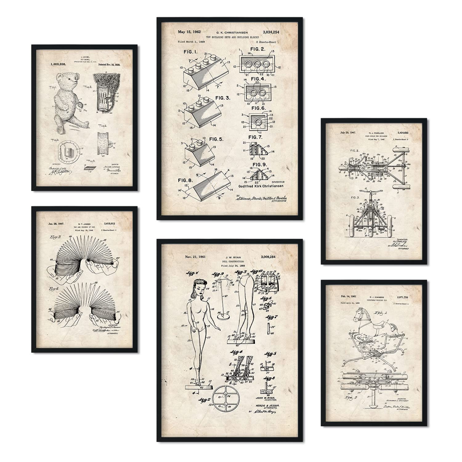Nacnic Set of 6 Toys patent prints. Posters with retro patent illustrations for your home, shop, office... Vintage style interior decoration. A4 and A3 sizes. No frame.