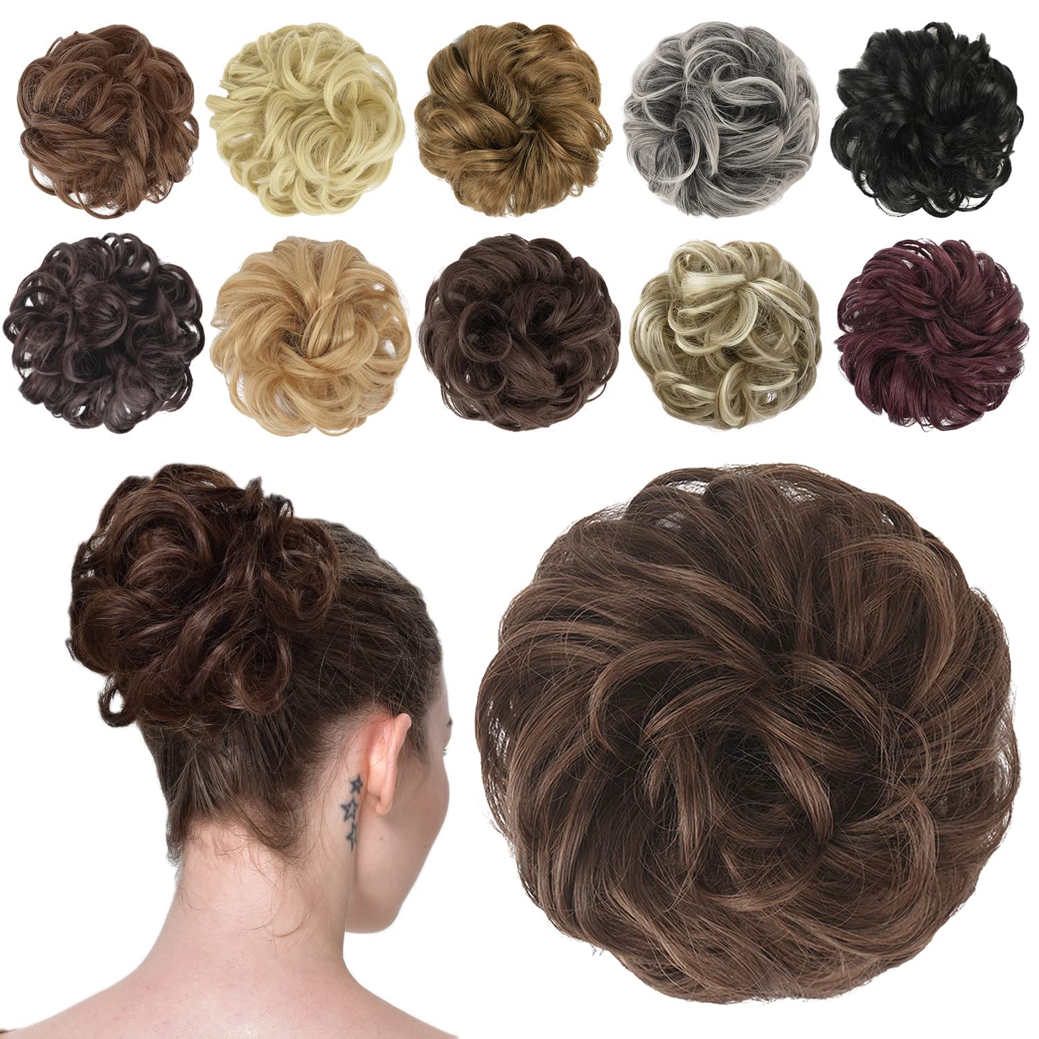 Photo 1 of FESHFEN Messy Bun Hair Piece - Elastic Wavy Curly Hair Bun Scrunchies Extensions Synthetic Chignon Hairpieces for Women Girls, Brunette Brown 1 PCS