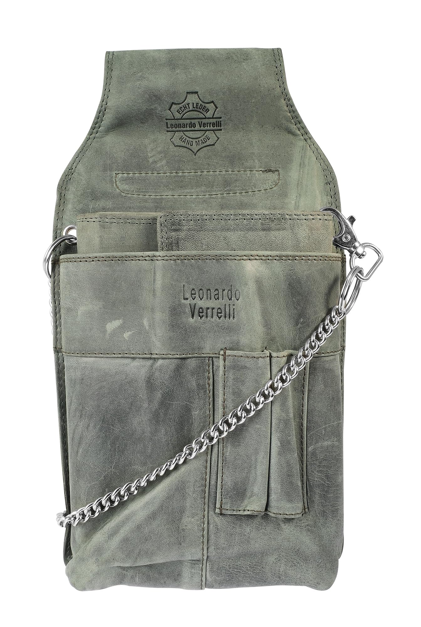 LEONARDO VERRELLI Waiter's Wallet Leather with or without Waiter's Bag Holster Chain, Green, 28x14, Classic