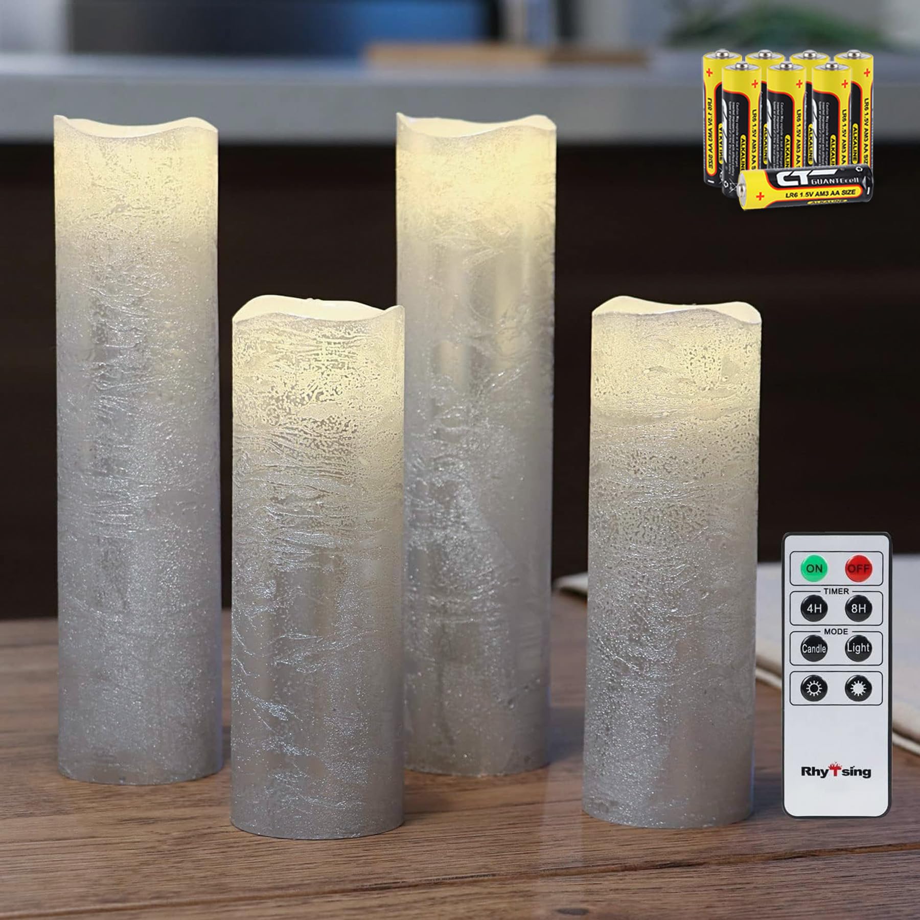 Rhytsing Set of 4 Silver Battery Operated Led Candles, Slim Flameless Candles with Timer, Textured Wax Finish, D5cm, Batteries