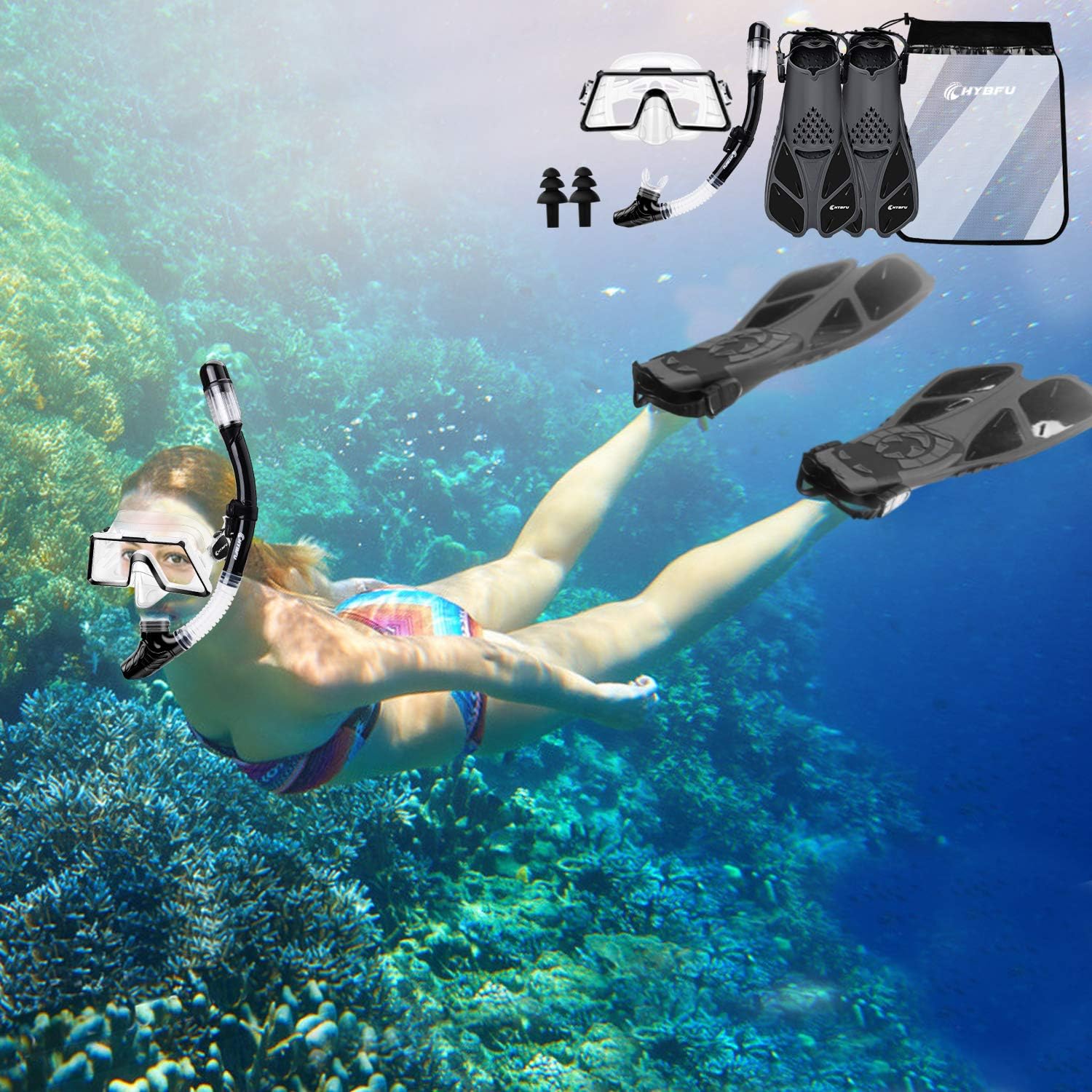 CHYBFU Mask Fins Snorkel Set with Adults Snorkeling Gear, Panoramic View Diving Mask, Dry Top Snorkel, Diving Flippers and Gear Bag, Snorkeling Packages for Snorkeling Swimming Scuba Diving Training : Sports & Outdoors