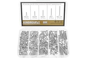 Kindroufly 202 Pieces #4 x 1/2" 5/8" 3/4" 1" 1-1/4" Phillips Countersunk Head Self-Tapping Screws, Wood Screws Assortment Kit, 304 Stainless Steel