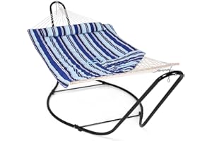 SUNCREAT Double Hammock with Hardwood Spreader Bar, Polyester Pad, Hammock with Stand Included 2 Person, Patent Pending, Blue Stripes