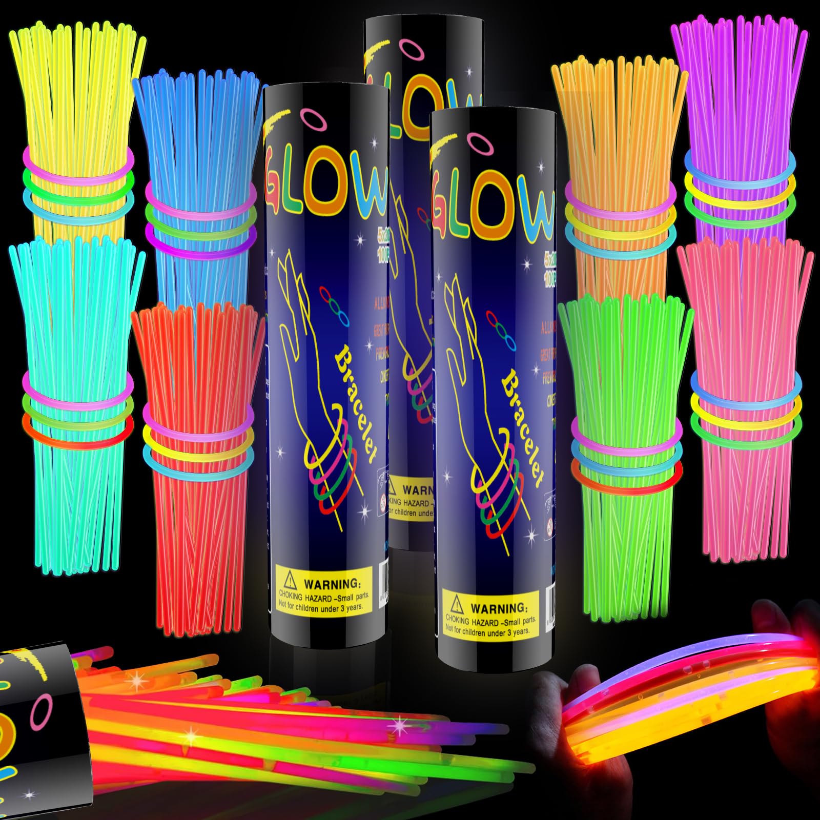 Photo 1 of HONLYNE 300 Pcs Glow Sticks Bulk Party Pack, 8'' Glow in the Dark Party Supplies, Glow in the Dark Light Up Sticks with Connectors, Party Favors for Birthday, Concert, Raves, Halloween, Christmas