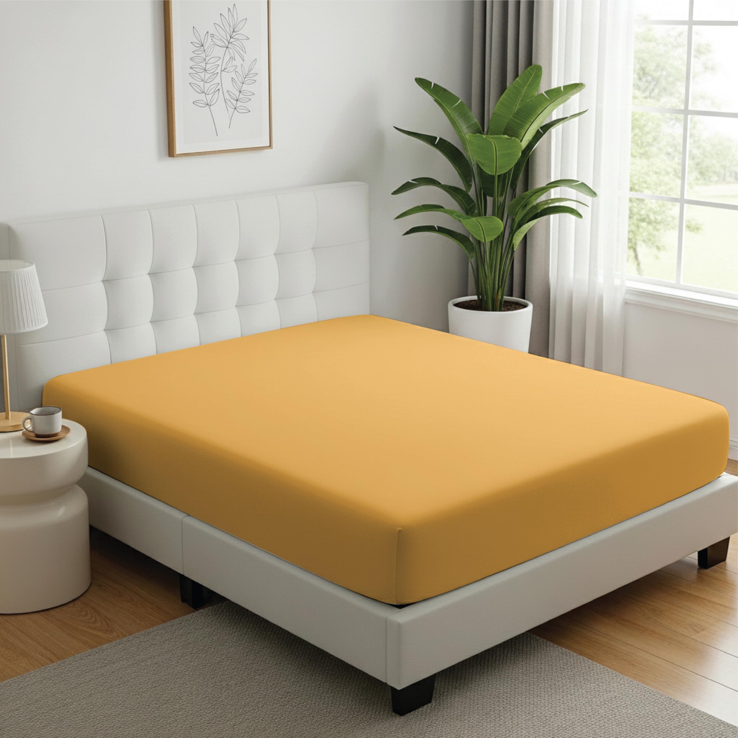 Ev Dekor Extra Deep Fitted Sheet King, Ochre - Deep Pocket Bedsheet 16inch (40 cm) Soft Brushed Microfiber Fabric - Shrinkage and Fade Resistant - Bottom Sheet - Double Bed Fitted Sheets