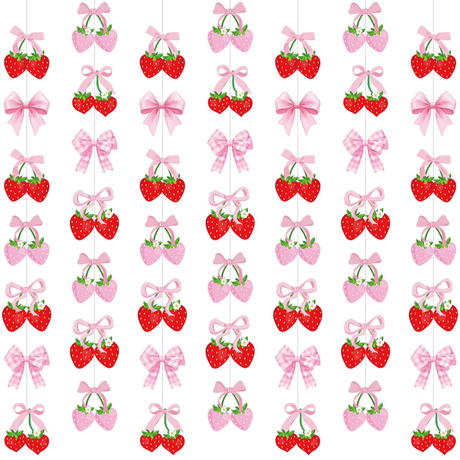 Photo 1 of Xinnun Pink Bow Strawberry Party Decorations Pink Bow Hanging Banners Berry Sweet Banner Decor Bowknot Theme Streamer for Summer Birthday Bridal Engagement Bachelorette Wedding Party Decor(Strawberry)