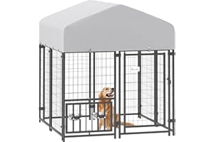 PawHut 4' x 4' x 4.5' Outdoor Dog Kennel, Welded Wire Dog Kennel Outside Run with 360° Rotating & 4 Level Adjustable Bowls, Waterproof & UV Resistant Cover, for S&M Breeds, Chickens, Ducks, Silver