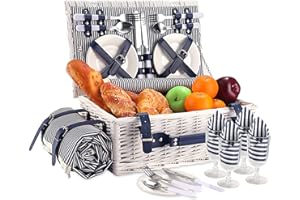 HYBDAMAI Picnic Basket for 4 Persons with Waterproof Picnic Blanket and Insulated Cooler, Large Wicker Picnic Basket for Camping, Outdoors, Valentine's Day, Birthday, Wedding, Graduation Gift, White