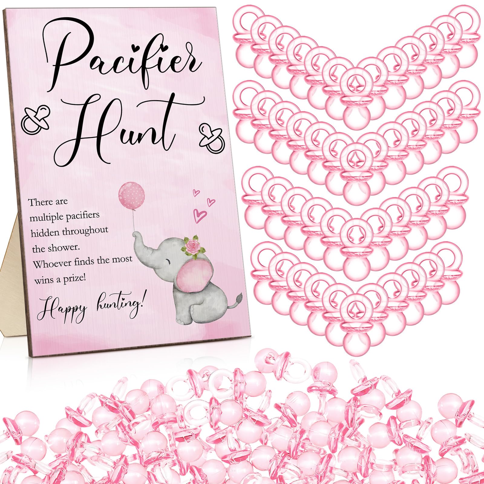Photo 1 of Roowest 51 Pcs Elephant Pacifier Hunt Baby Shower Game Include Wooden Pacifier Hunt Sign 50 Acrylic Pacifiers for Gender Reveal Party Games Favors Supplies(Pink)