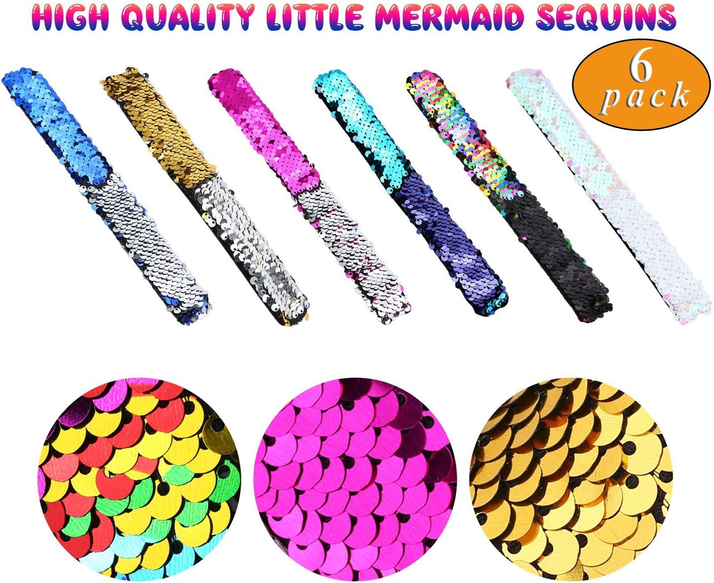 Toyme 6 Pack Mermaid Sequin Bracelets for Party Supplies Favours,Sequin Slap Wristbands for Kids, Adults