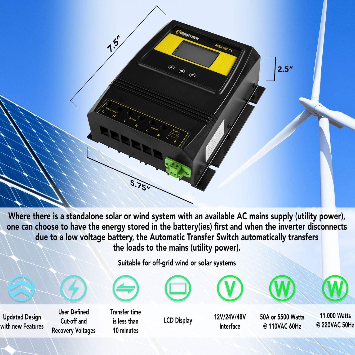 50A 5500 Watt Automatic Transfer Switch by Spartan Power Great for Solar & Wind Off Grid Systems: Home Audio & Theater