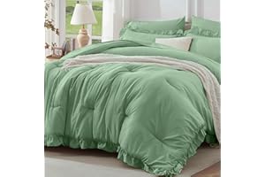 Newspin Ruffle Queen Comforter Set, 7 Pieces Queen Bed in a Bag Sage Green, Vintage Solid Shabby Chic Bed Set, Lightweight All Season Bedding Comforter Sets with Comforter, Sheets, Pillowcases & Shams