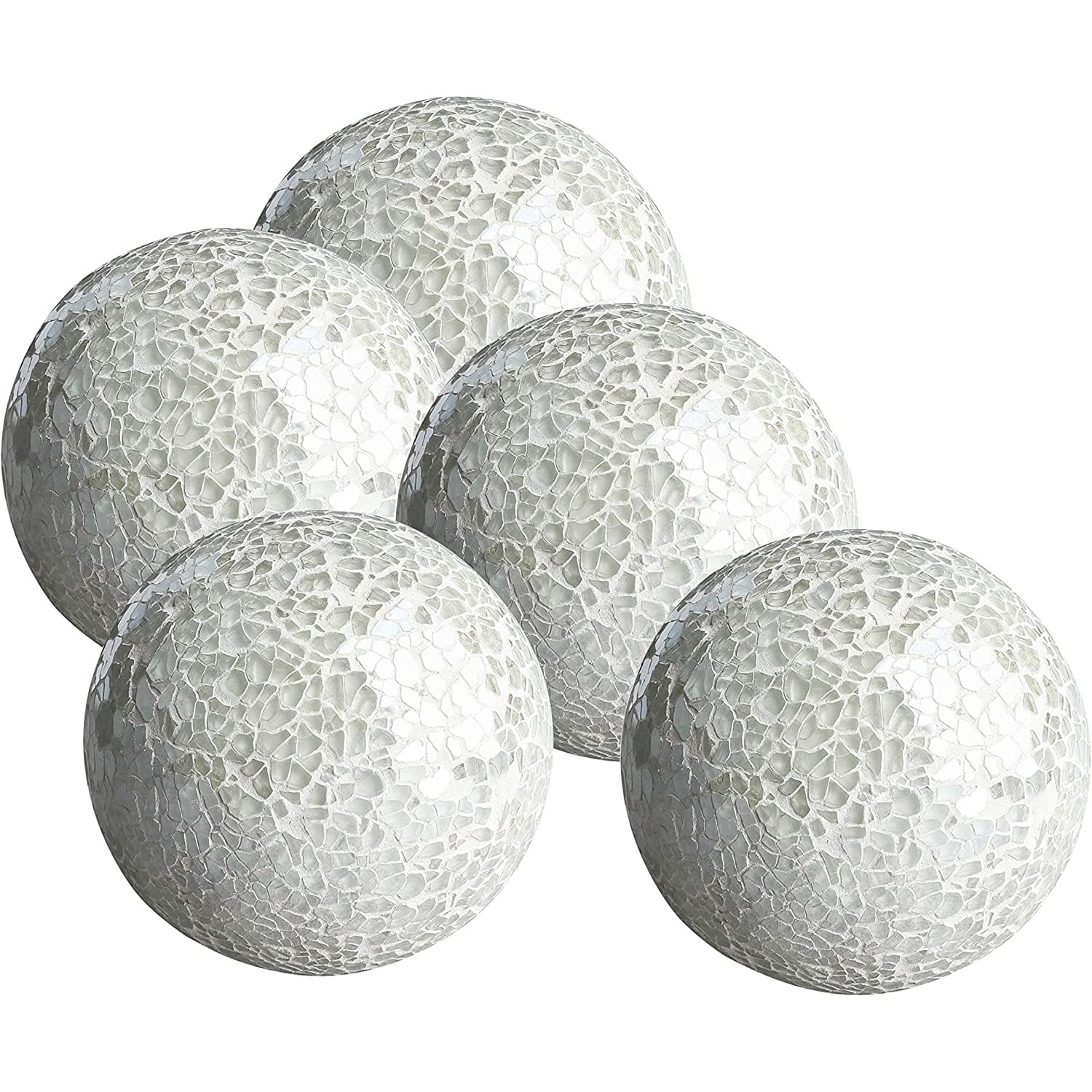 WHOLE HOUSEWARES Glass Mosaic Decorative Balls - Elegance for Centerpiece Bowls for Table - Set of 5 Handcrafted Modern Orbs - Durable Spere Material - Captivating Home Decor - Diameter 3" - White