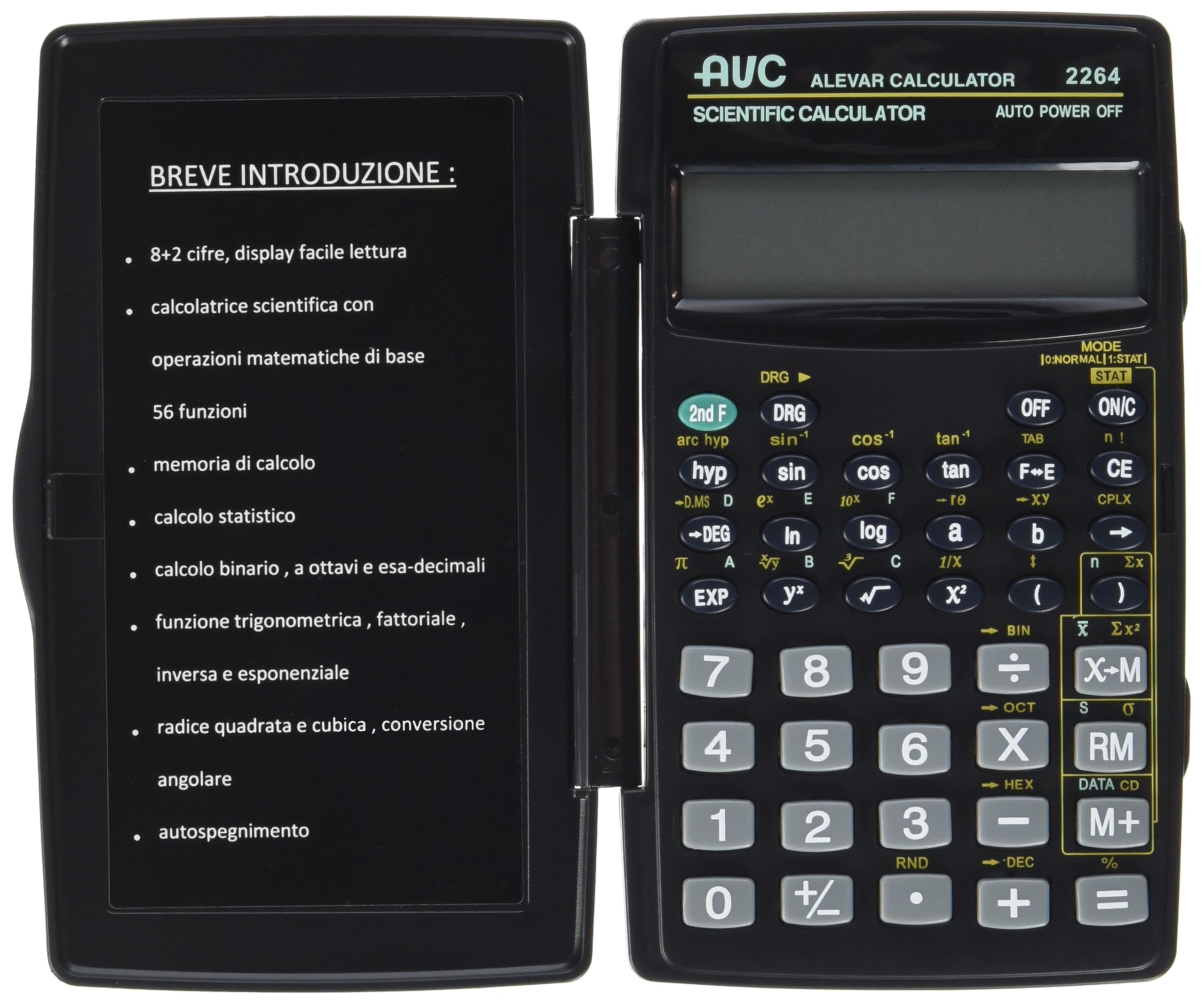 AVC Scientific Calculator 8+2 Digits, 56 Functions, Hard Case with Door, Black