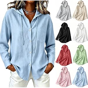 RRMuAzgs Sunscreen Cotton Linen Jackets for Women Lightweight Hooded Button Down Shirt Long Sleeve Casual Sun Protection tops
