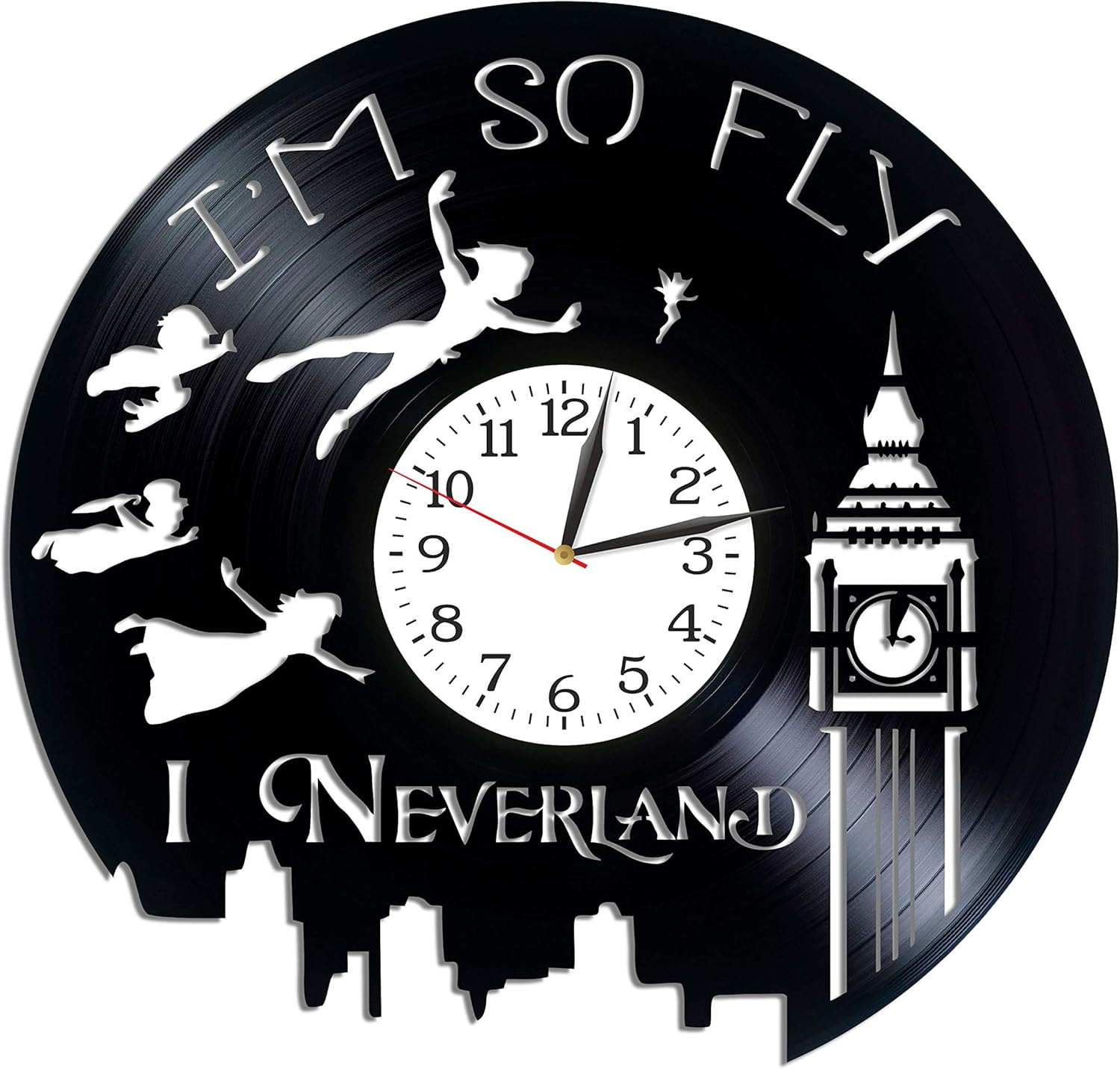 Kovides Peter Pan Wall Art Cartoon Gift Lp Vinyl Retro Record Wall Clock Vintage Birthday Gift for Kids Peter Pan Clock Art Xmas Gift Idea for Fan