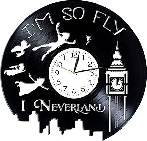Kovides Peter Pan Wall Art Cartoon Gift Lp Vinyl Retro Record Wall Clock Vintage Birthday Gift for Kids Peter Pan Clock Art Xmas Gift Idea for Fan