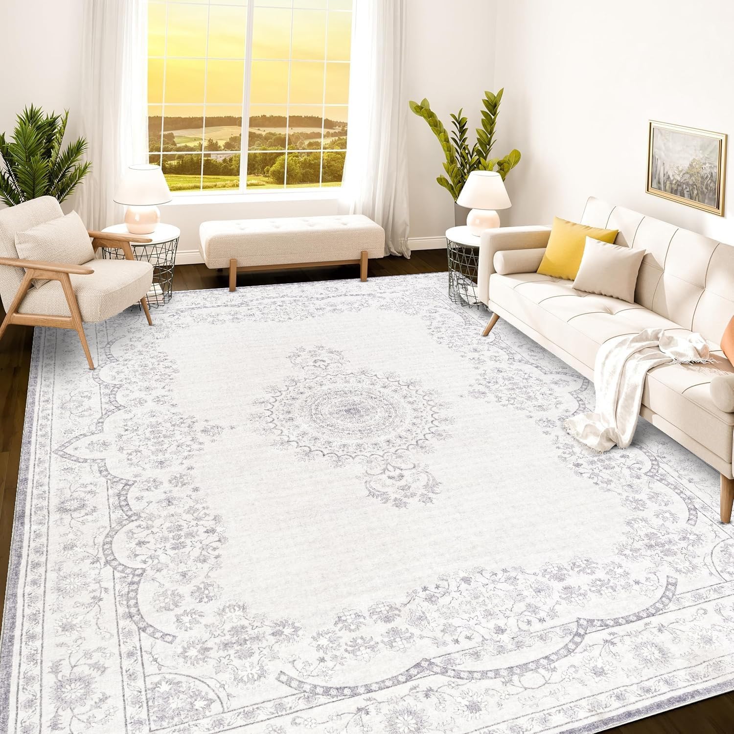 Photo 1 of Istana Boho Area Rug - Grey/White Cream Carpet - Foldable 9x12 Washable Rug - Stain Resistant Rubber Backed Area Rugs -Large Area Rugs for Living Room 9x12 – Easy to Clean Gray Living Room Rugs