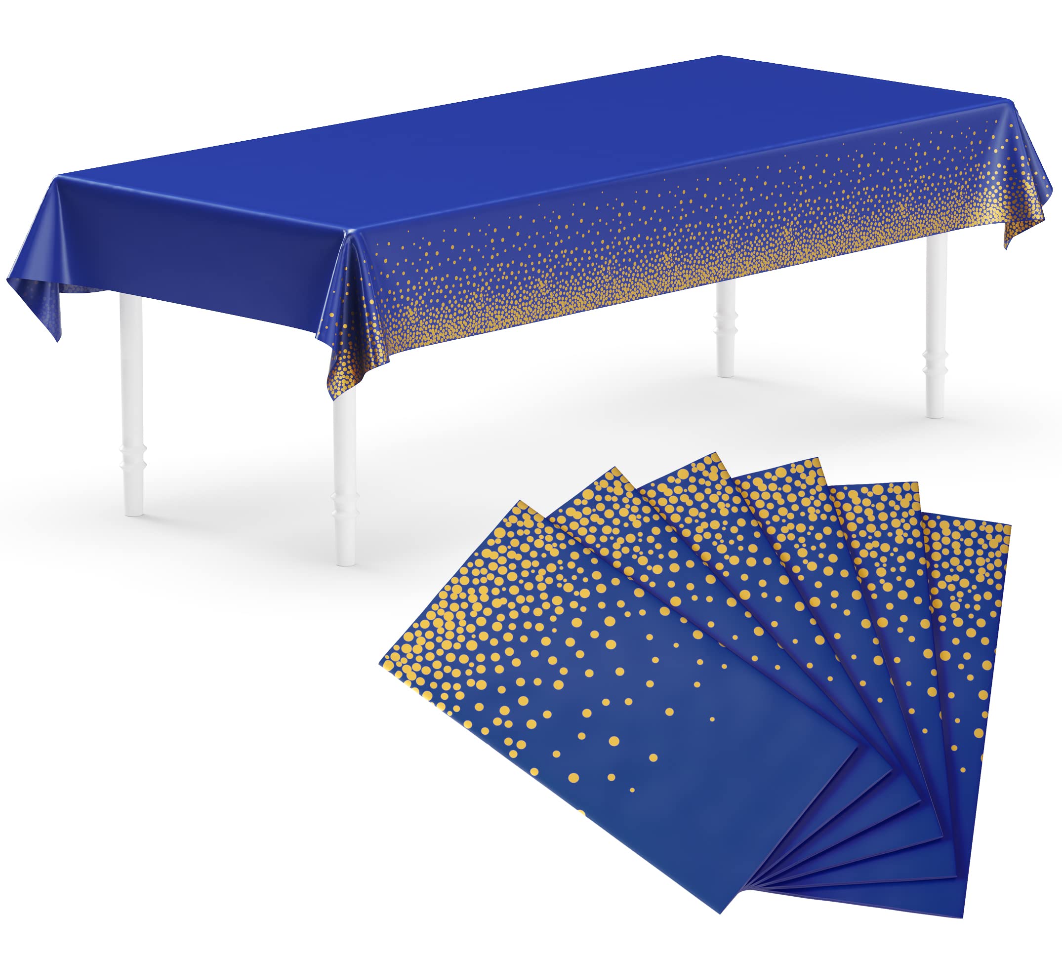Neatiffy 54 in x 108 Inch 6Pack Rectangle Plastic Table Cloth | Waterproof Disposable/Reusable Tablecloth | Table Cover for Picnic, Party, Banquet, Birthdays (Blue Gold Dot) — image 1