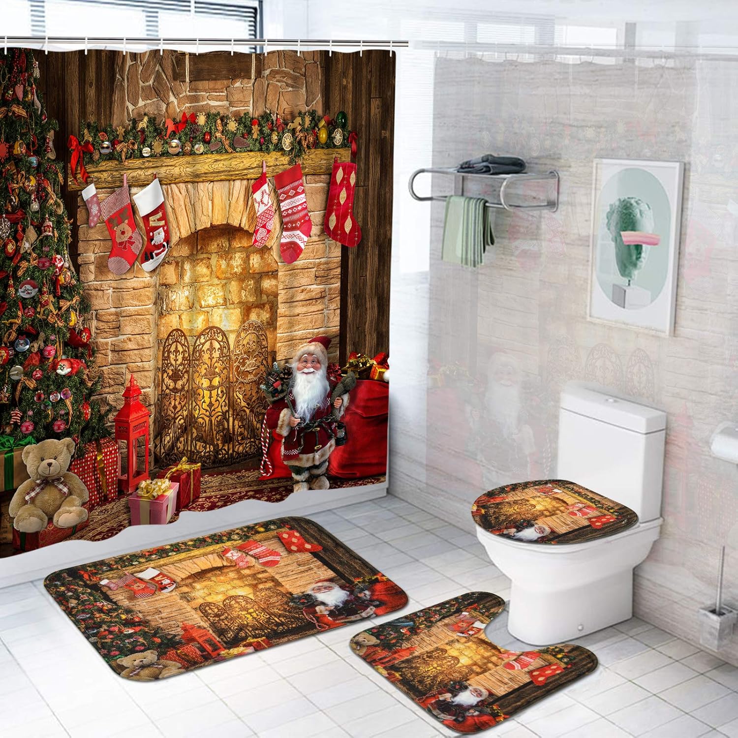 Ikfashoni 4 Pcs Christmas Shower Curtains Set with NonSlip