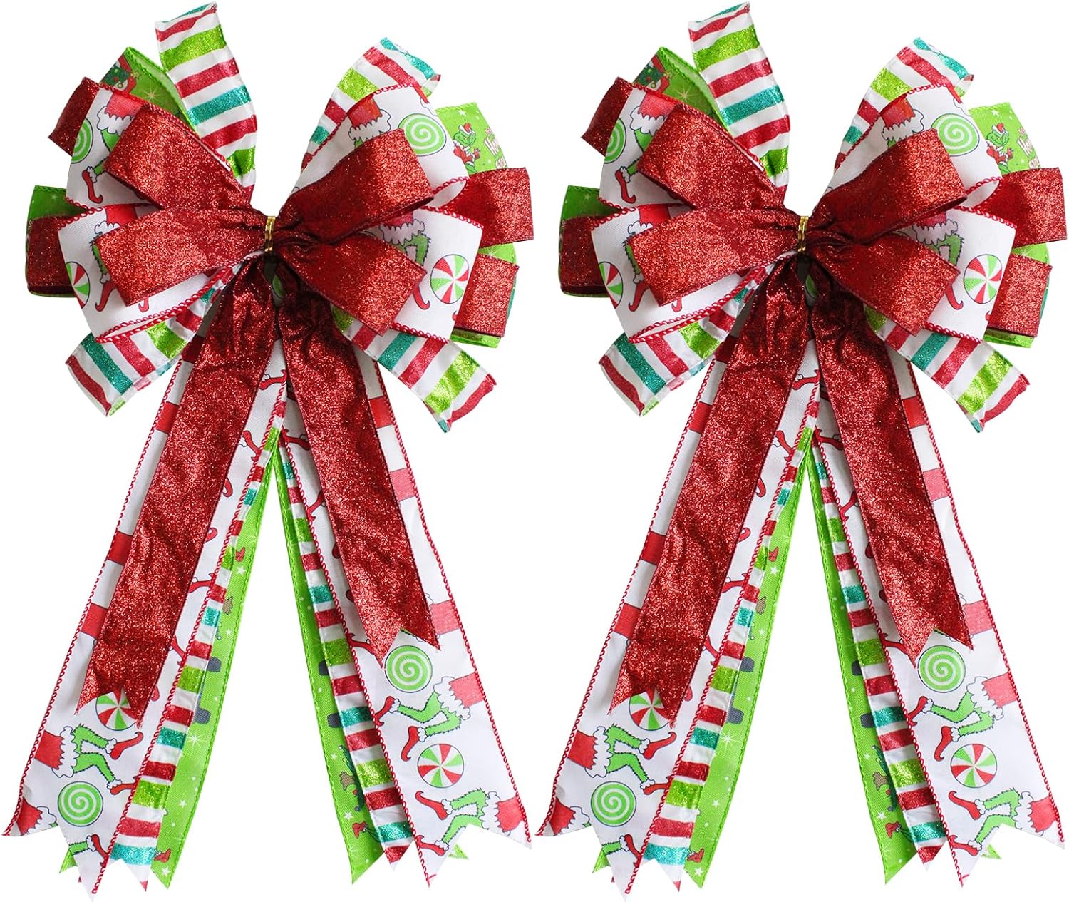 Bows & Ribbons - Large Christmas Wreath Bows 2 Pack - 19x11 inch Pre-Tied Elf Leg Wreath Bow, Colorful Stripes Wired Edge Wreath Bow for Front Door Winter Decor, Christmas, Holiday Indoor Outdoor Ornaments