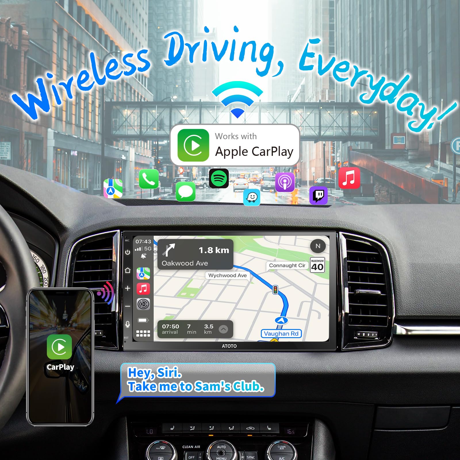 ATOTO F7WE 7inch Touchscreen Double DIN Car Stereo, Wireless CarPlay & Wireless Android Auto, in-Dash Video Receivers, Bluetooth, MirrorLink, HD LRV, Voice Control, F7G2B7WE