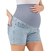 AMPOSH Women's Maternity Over-The-Belly Jean Shorts – Stretch Denim Summer Pregnancy Shorts with Pockets